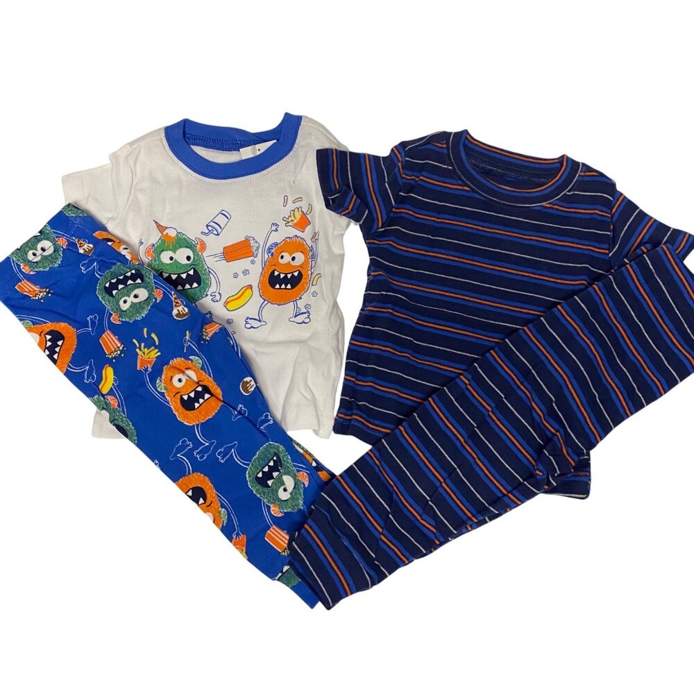 Toddler Boys 2-Pack Monster & Striped Pajama Set Classic Blue 3-6 Months NWT